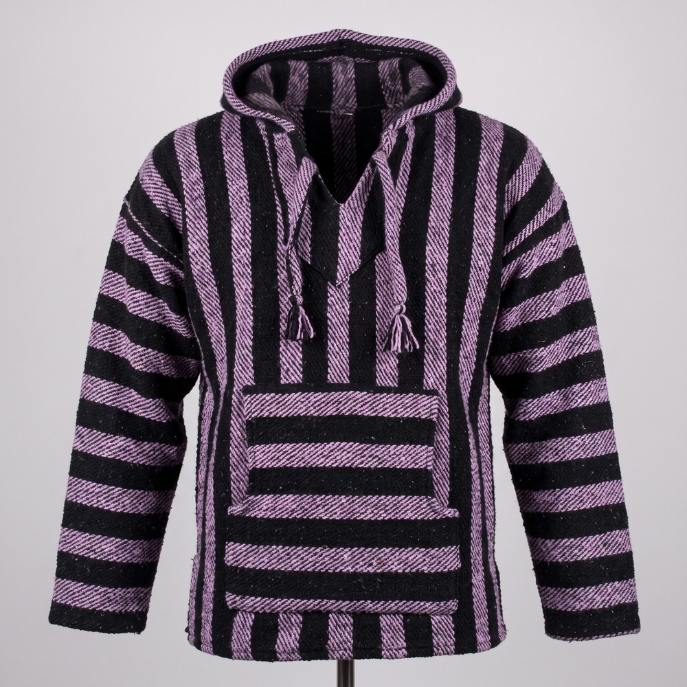 Unbranded Unisex Large Purple Black Baja Hoodie Drug Rug Striped Boho Pullover